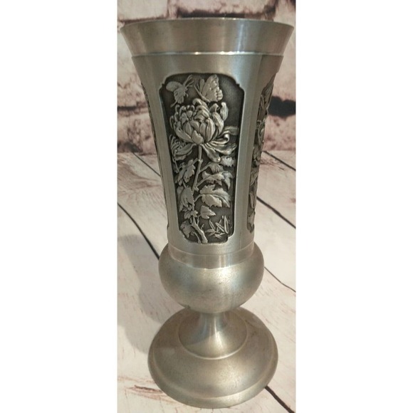 TUMASEK PEWTER Vase Chalice Mug Cup Wine goblet floral etched Malyasia - Picture 2 of 7